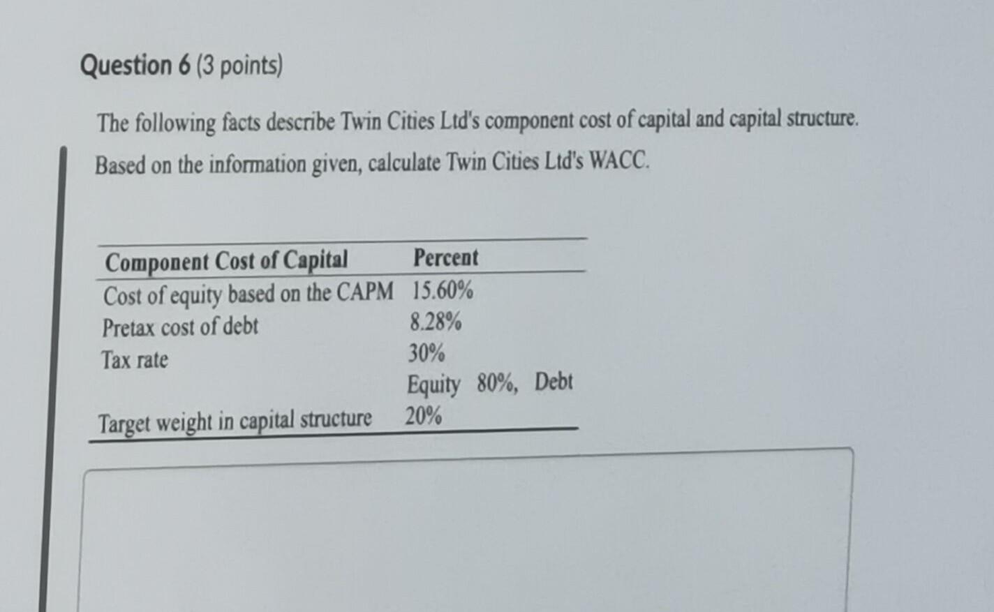 Question 6 3 Points The Following Facts Describe Twin Cities Ltd S Component Cost Of Capital And Capital Structure Ba 1