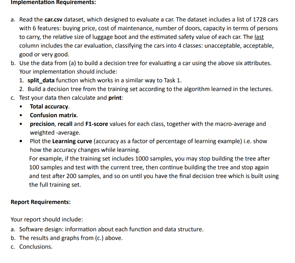 Implementation Requirements A Read The Car Csv Dataset Which Designed To Evaluate A Car The Dataset Includes A List 1