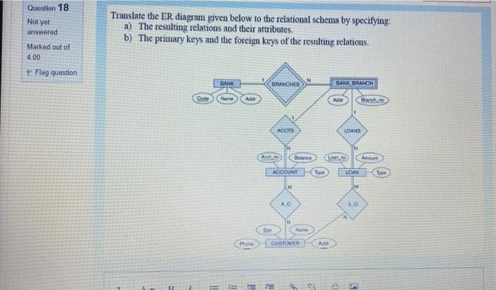 Question 18 Not Yet Answered Marked Out Of 4 00 Flag Question Translate The Er Diagram Given Below To The Relational Sch 1