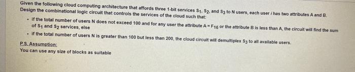 Given The Following Cloud Computing Architecture That Affords Three 1 Bit Services S S2 And S3 To N Users Each User 1