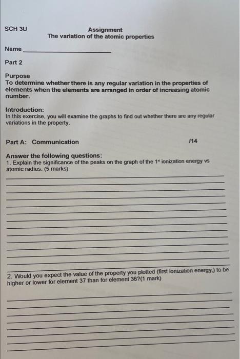 Sch 3u Assignment The Variation Of The Atomic Properties Name Part 1 715 Part A Application Purpose To Use The Data C 3