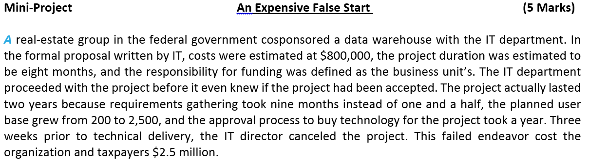 Mini Project An Expensive False Start 5 Marks A Real Estate Group In The Federal Government Cosponsored A Data Warehou 1