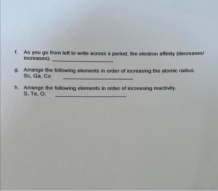 Sch 3u Assignment The Variation Of The Atomic Properties Name Part 1 715 Part A Application Purpose To Use The Data C 5