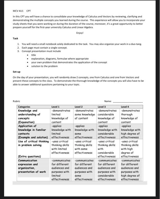 Mcv 401 Cpt In This Cpt You Will Have A Chance To Consolidate Your Knowledge Of Calculus And Vectors By Reviewing Clari 1