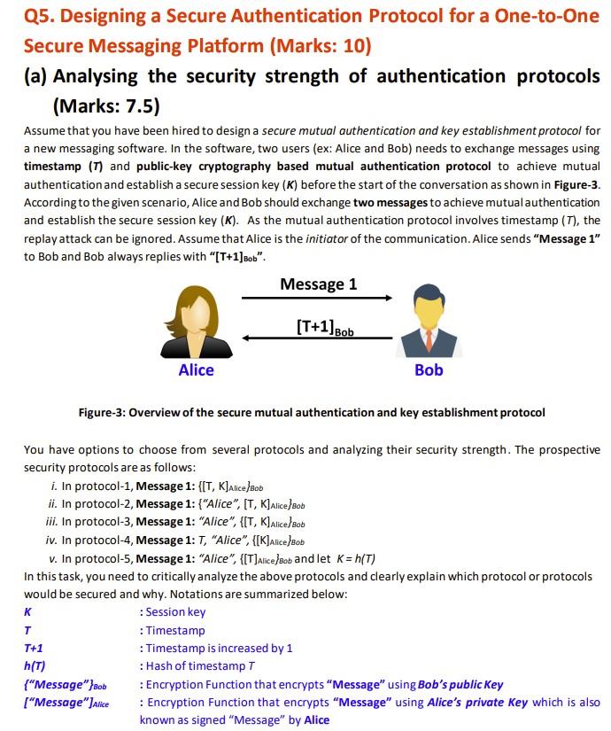 Q5 Designing A Secure Authentication Protocol For A One To One Secure Messaging Platform Marks 10 A Analysing The 1