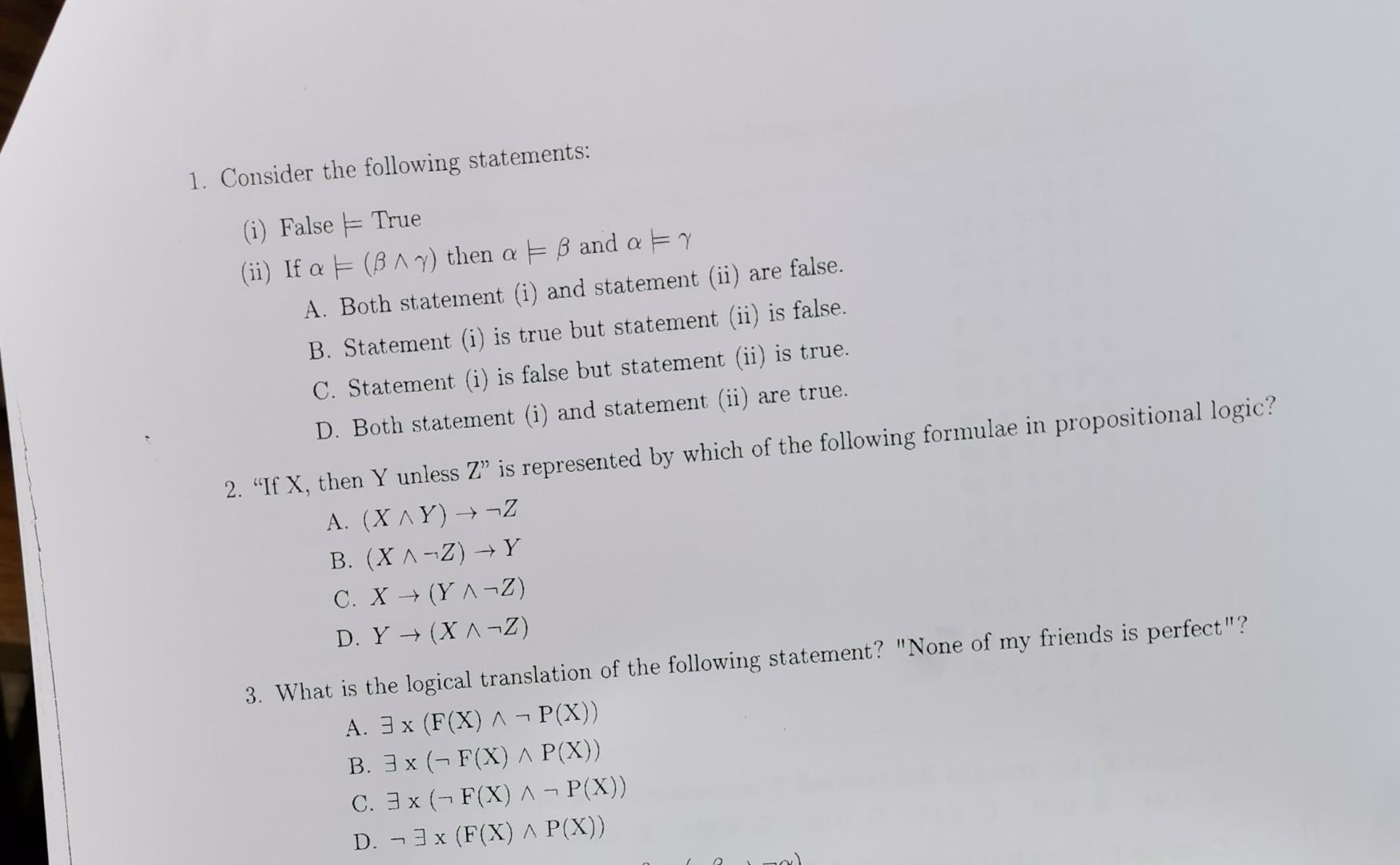 1 Consider The Following Statements I False True Ii If A B Y Then A Ss And A Y A Both Statement I And St 1