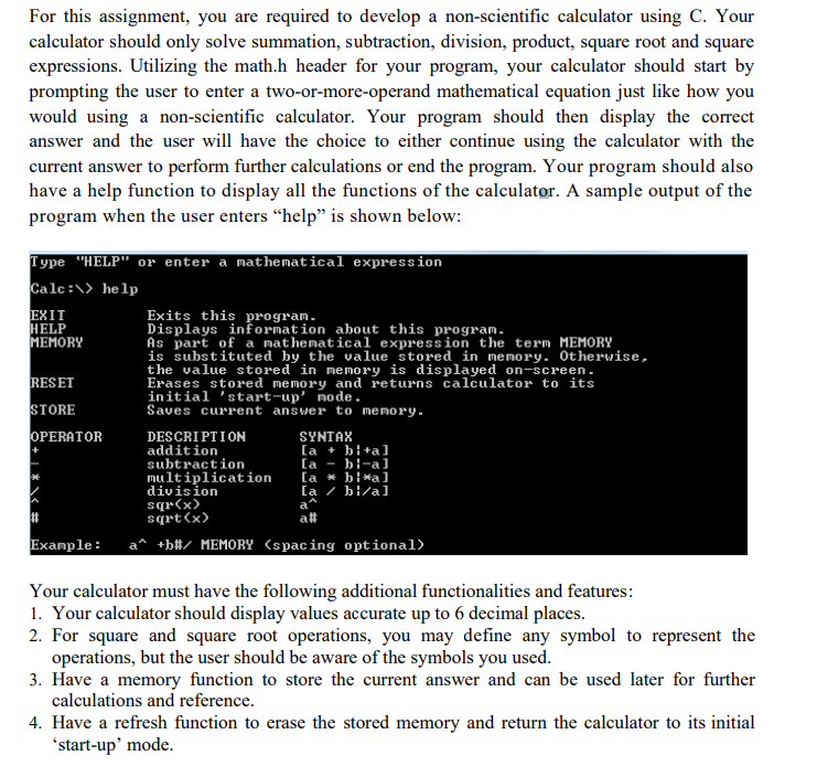 For This Assignment You Are Required To Develop A Non Scientific Calculator Using C Your Calculator Should Only Solve 1