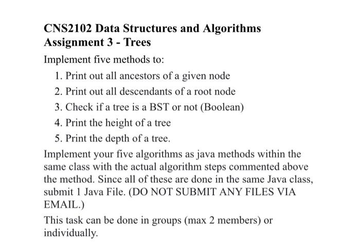 Cns2102 Data Structures And Algorithms Assignment 3 Trees Implement Five Methods To 1 Print Out All Ancestors Of A G 1