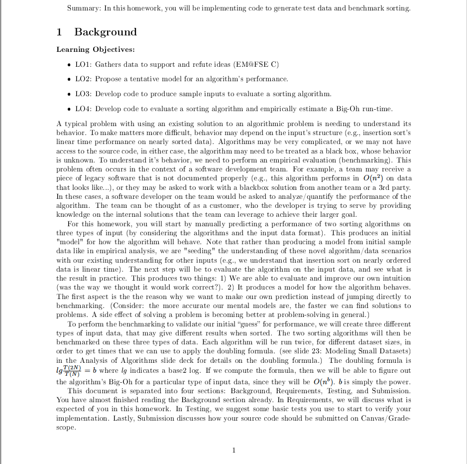 Summary In This Homework You Will Be Implementing Code To Generate Test Data And Benchmark Sorting 1 Background Learn 1