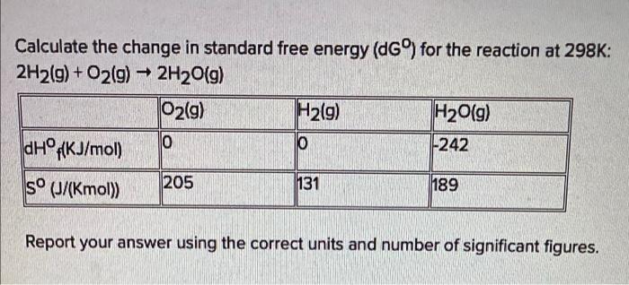 Calculate The Change In Standard Free Energy Dgo For The Reaction At 298k 2h2 G O2 G 2h2o G O2 G H219 H2o G 1
