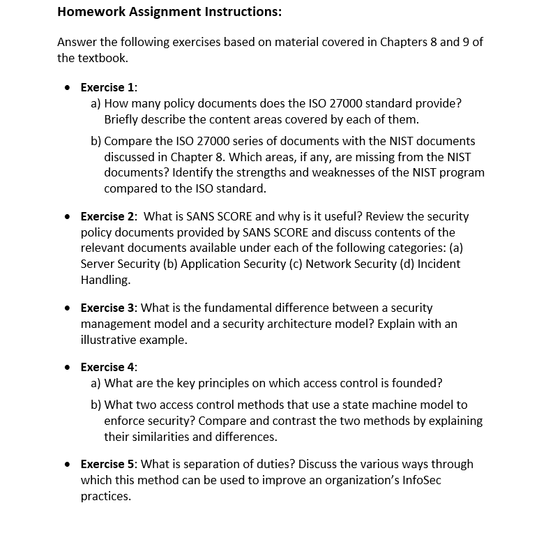 Homework Assignment Instructions Answer The Following Exercises Based On Material Covered In Chapters 8 And 9 Of The Te 1