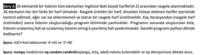 Soru 2 26 Elemanlik Bir Listenin Tum Elemanlari Ingilizce Deki Buyuk Harfler A Z Arasindan Rasgele Atanmaktadir 26 El 1