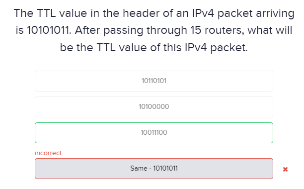 The Ttl Value In The Header Of An Ipv4 Packet Arriving Is 10101011 After Passing Through 15 Routers What Will Be The T 1