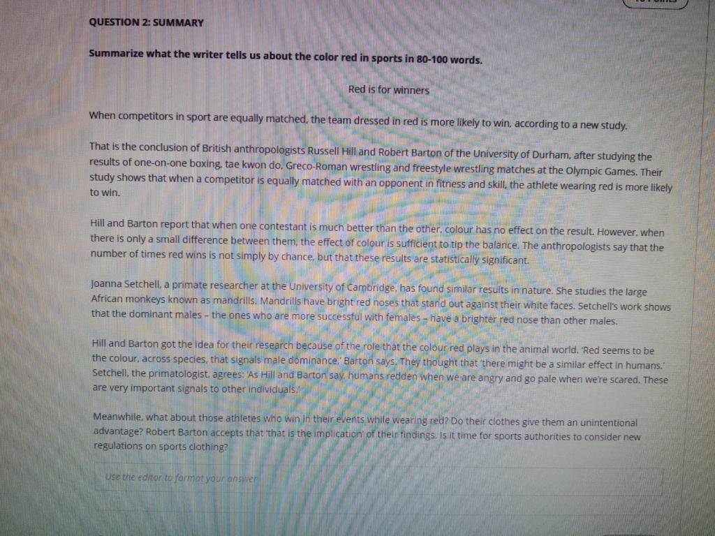 Question 2 Summary Summarize What The Writer Tells Us About The Color Red In Sports In 80 100 Words Red Is For Winners 1