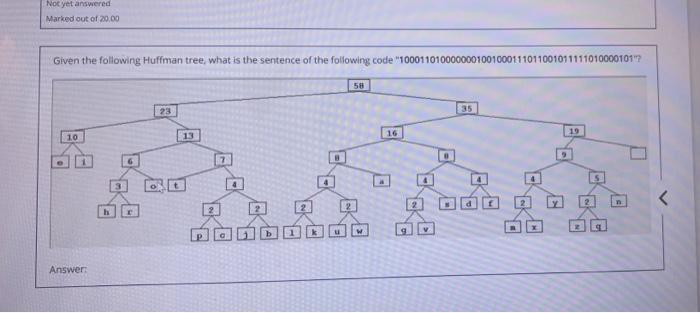 Not Yet Answered Marked Out Of 20 00 Given The Following Huffman Tree What Is The Sentence Of The Following Code 10001 1