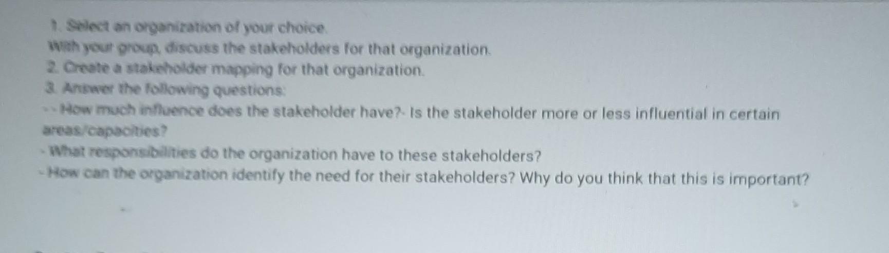 1 Select An Organization Of Your Choice With Your Group Discuss The Stakeholders For That Organization 2 Create A S 1