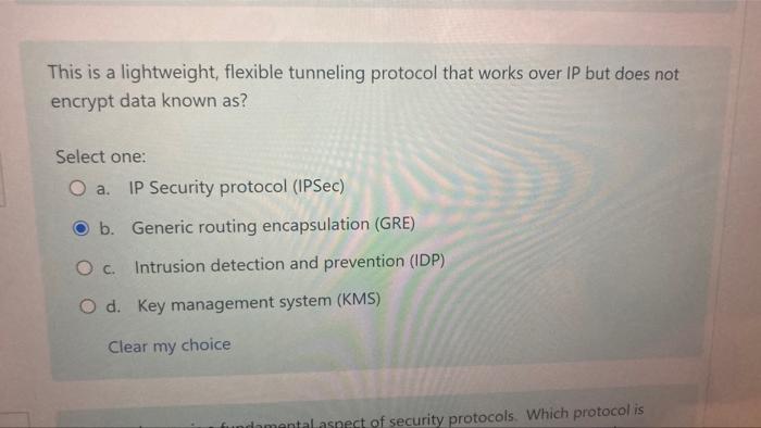 This Is A Lightweight Flexible Tunneling Protocol That Works Over Ip But Does Not Encrypt Data Known As Select One O 1