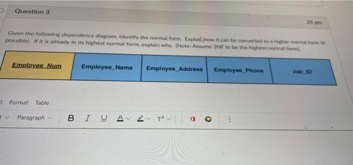 Question 3 Given The Following Dependency Diagram Identify The Normal Form Explail How It Can Be Converted To A Higher 1