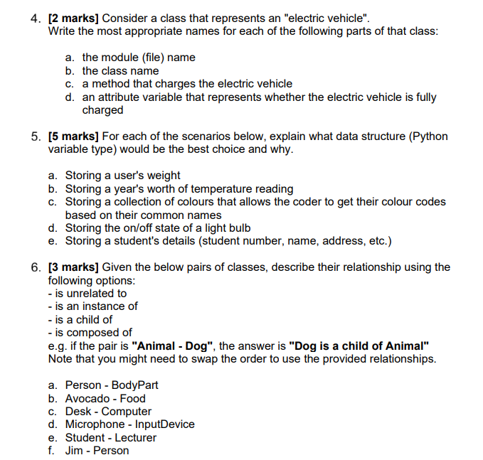 4 2 Marks Consider A Class That Represents An Electric Vehicle Write The Most Appropriate Names For Each Of The Fo 1