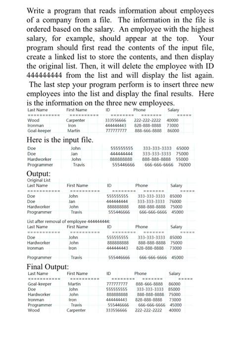 In C With Result Please Write A Program That Reads Information About Employees Of A Company From A File The Informati 1