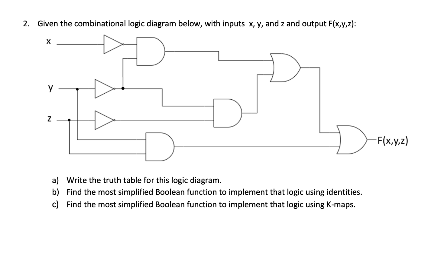 2 Given The Combinational Logic Diagram Below With Inputs X Y And Z And Output F X Y Z X Z D A Write The Truth Ta 1