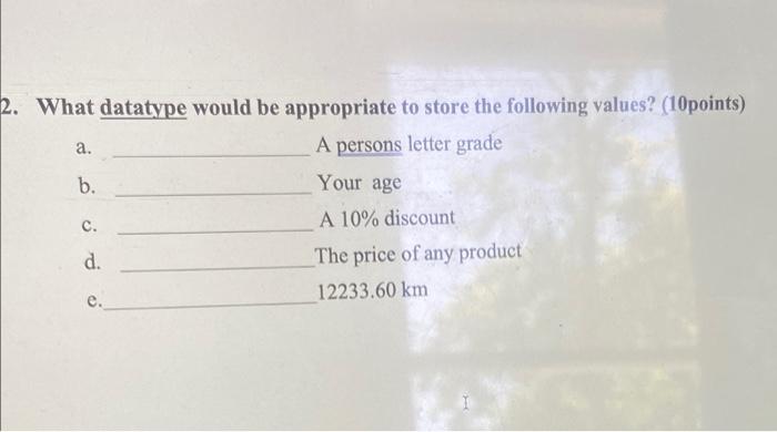 2 What Datatype Would Be Appropriate To Store The Following Values 10points A A Persons Letter Grade B Your Age A 1
