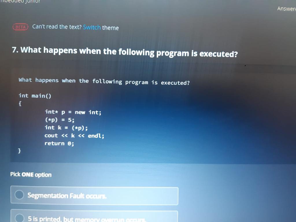 Beta Can T Read The Text Switch Theme 7 What Happens When The Following Program Is Executed What Happens When The Fol 1