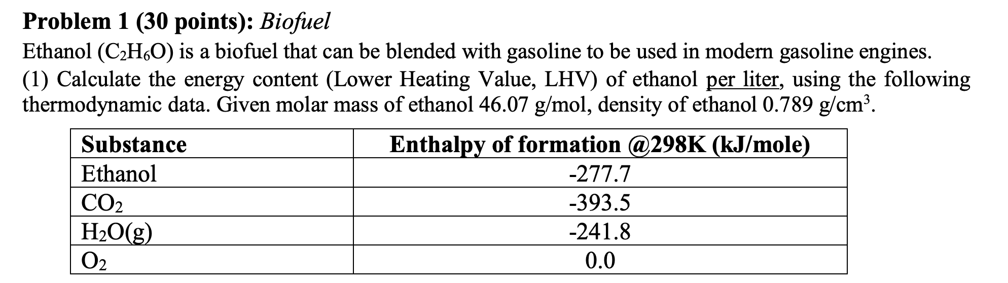 Problem 1 30 Points Biofuel Ethanol C2h60 Is A Biofuel That Can Be Blended With Gasoline To Be Used In Modern Gasol 1