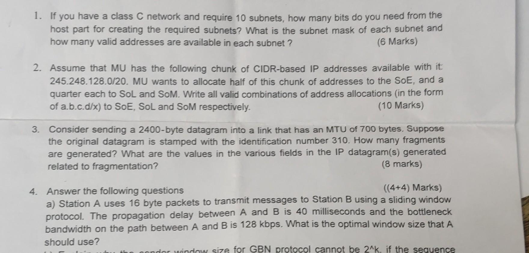 1 If You Have A Class C Network And Require 10 Subnets How Many Bits Do You Need From The Host Part For Creating The R 1