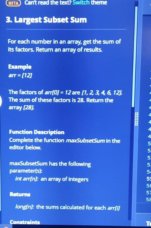 Beta Can T Read The Text Switch Theme 3 Largest Subset Sum For Each Number In An Array Get The Sum Of Its Factors Re 1