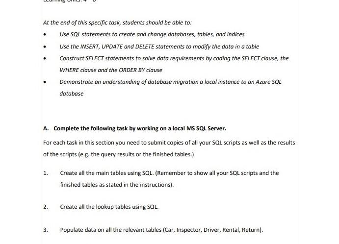 At The End Of This Specific Task Students Should Be Able To Use Sql Statements To Create And Change Databases Table 1