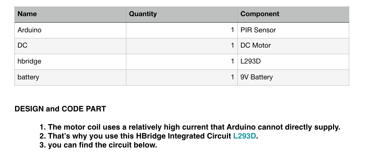 Name Quantity Component Arduino 1 Pir Sensor Dc 1 Dc Motor Hbridge 1 L293d Battery 1 9v Battery Design And Code Part 1 1