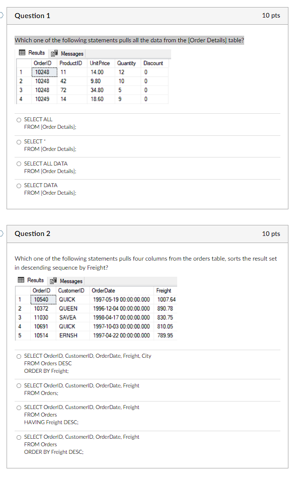 Question 1 Which One Of The Following Statements Pulls All The Data From The Order Details Table Results Messages Ord 1