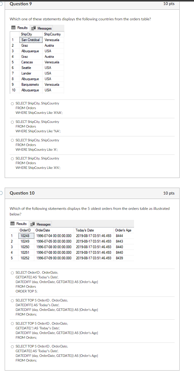 Question 9 Which One Of These Statements Displays The Following Countries From The Orders Table Results Messages Ship 1