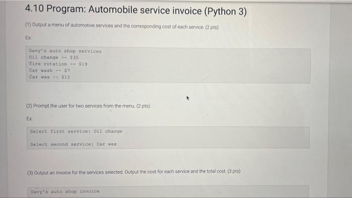 4 10 Program Automobile Service Invoice Python 3 1 Output A Menu Of Automotive Services And The Corresponding Cost 1