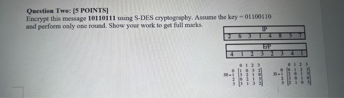 Question Two 5 Points Encrypt This Message 10110111 Using S Des Cryptography Assume The Key 01100110 And Perform Onl 1