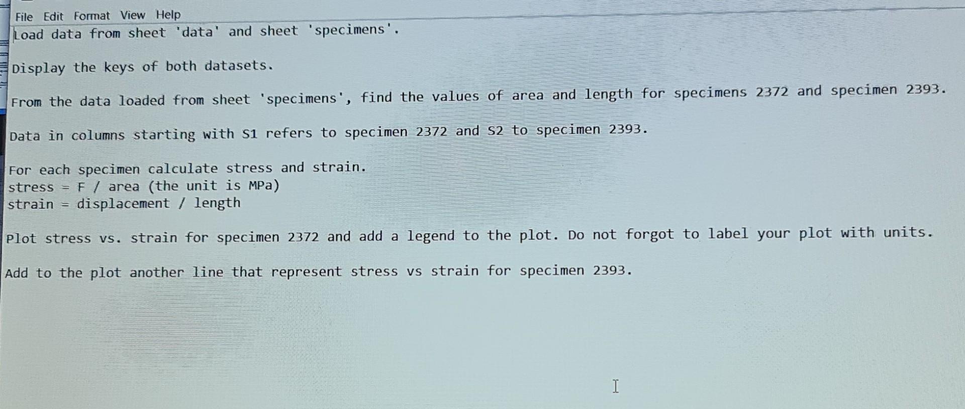 File Edit Format View Help Load Data From Sheet Data And Sheet Specimens Display The Keys Of Both Datasets From Th 1