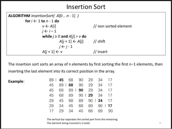 Insertion Sort Algorithm Insertionsort A 0 N 1 For I 1 To N 1 Do V A I Non Sorted Element J I 1 While J 0 A 1