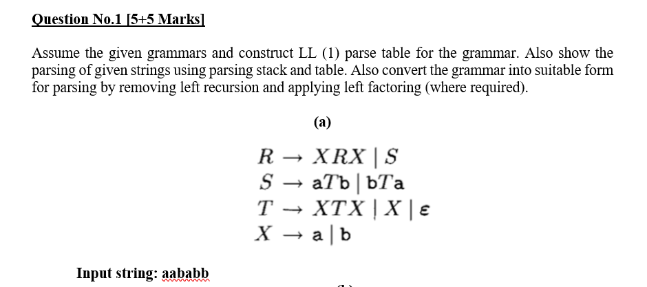 Question No 1 5 5 Marks Assume The Given Grammars And Construct Ll 1 Parse Table For The Grammar Also Show The Pars 1