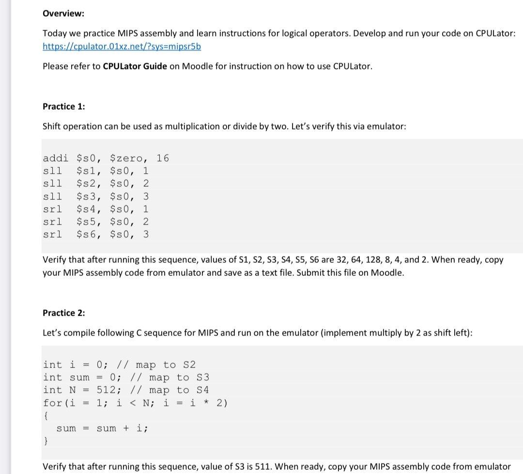 Overview Today We Practice Mips Assembly And Learn Instructions For Logical Operators Develop And Run Your Code On Cpu 1