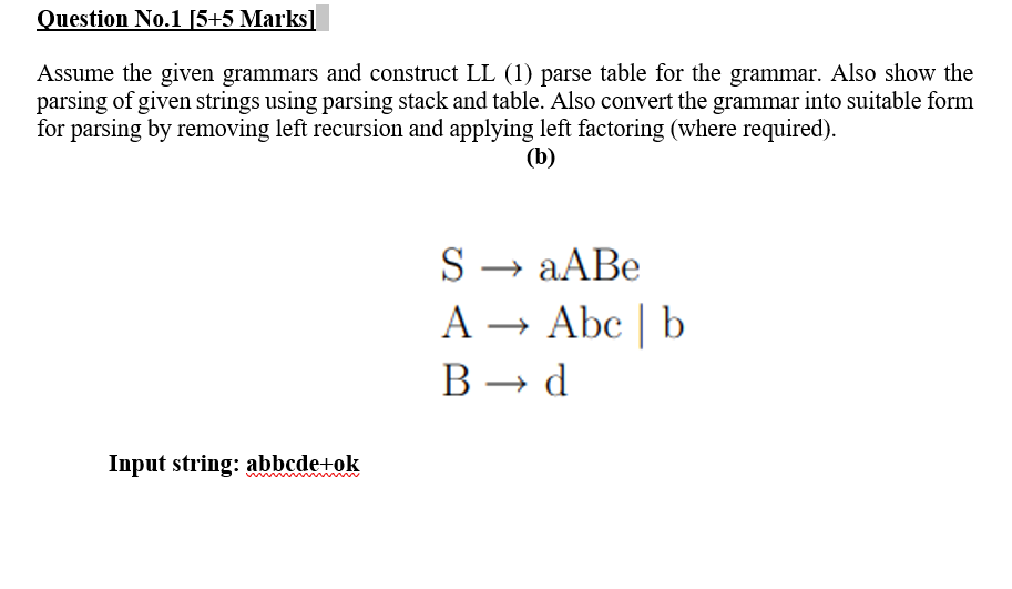 Question No 1 5 5 Marks Assume The Given Grammars And Construct Ll 1 Parse Table For The Grammar Also Show The Pars 1