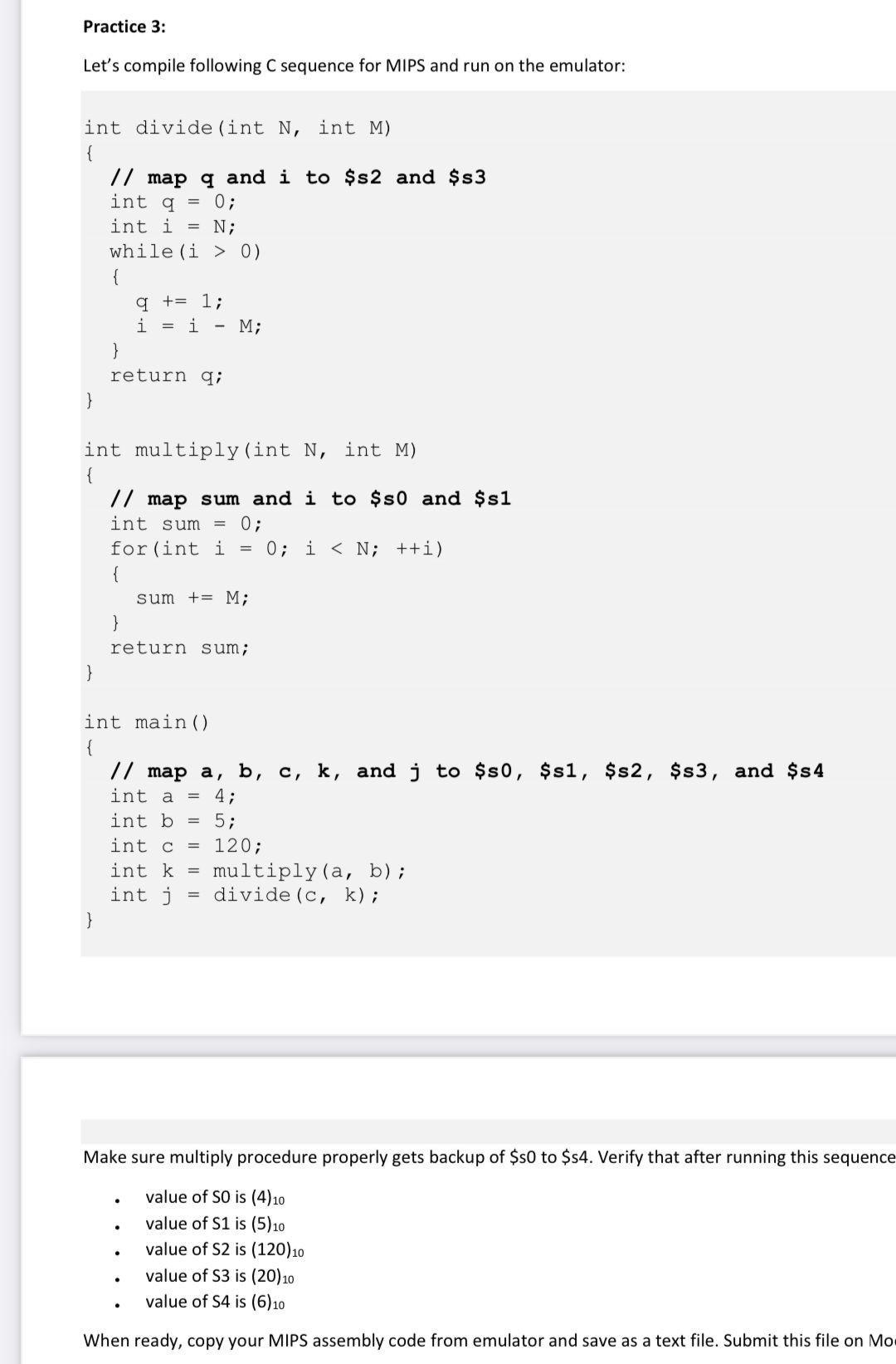 Practice 3 Let S Compile Following C Sequence For Mips And Run On The Emulator Int Divide Int N Int M Map Q An 2