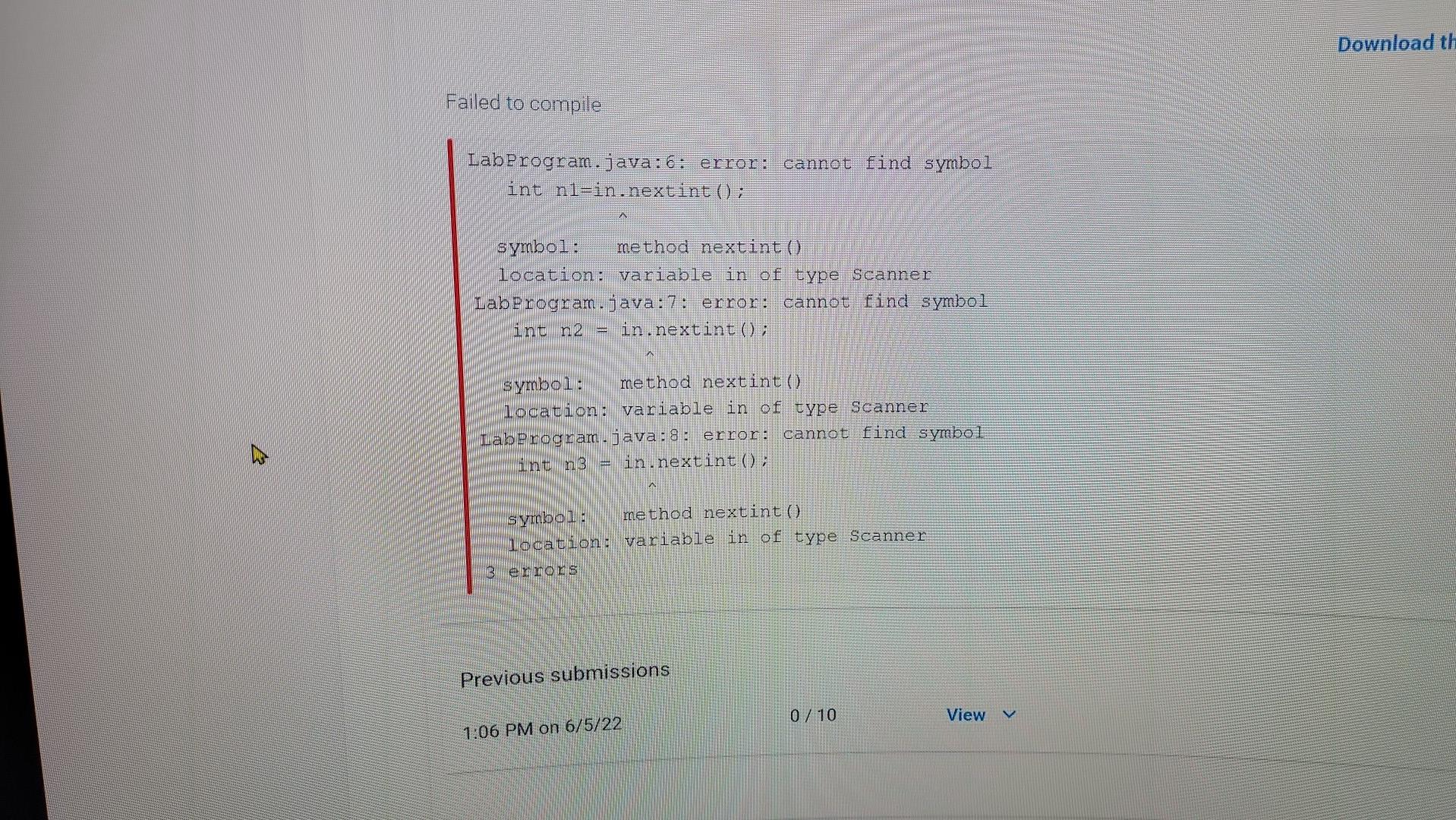 Failed To Compile Labprogram Java 6 Error Cannot Find Symbol Int Nl In Nextint Symbol Method Nextint Location 1