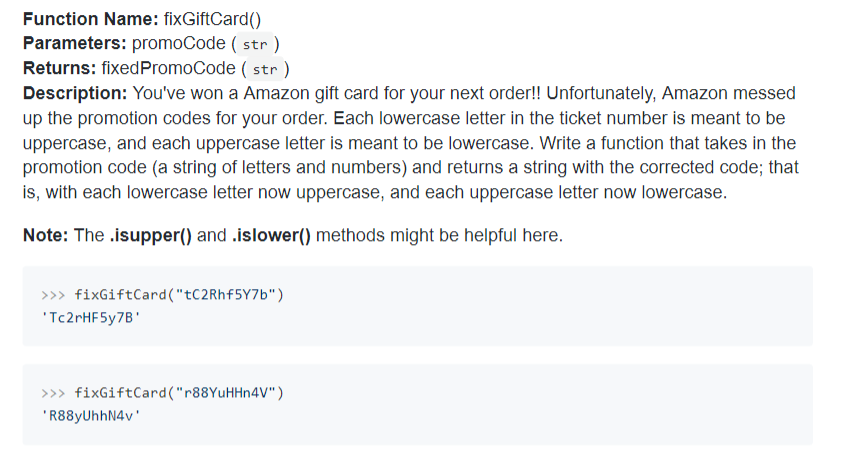 Function Name Fixgiftcard Parameters Promocode Str Returns Fixed Promocode Str Description You Ve Won A Amazon 1