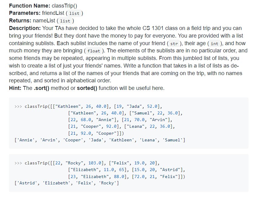 Function Name Class Trip Parameters Friendlist List Returns Namelist List Description Your Tas Have Decided To 1