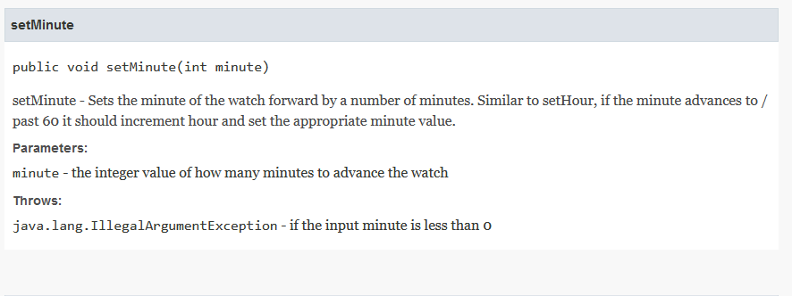 Setminute Public Void Setminute Int Minute Setminute Sets The Minute Of The Watch Forward By A Number Of Minutes Sim 1