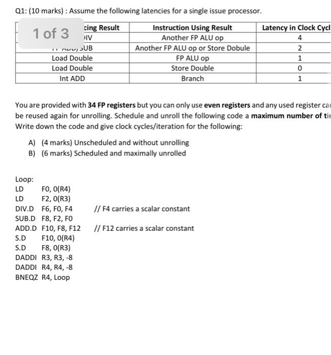 Q1 10 Marks Assume The Following Latencies For A Single Issue Processor Cing Result Instruction Using Result Latenc 1