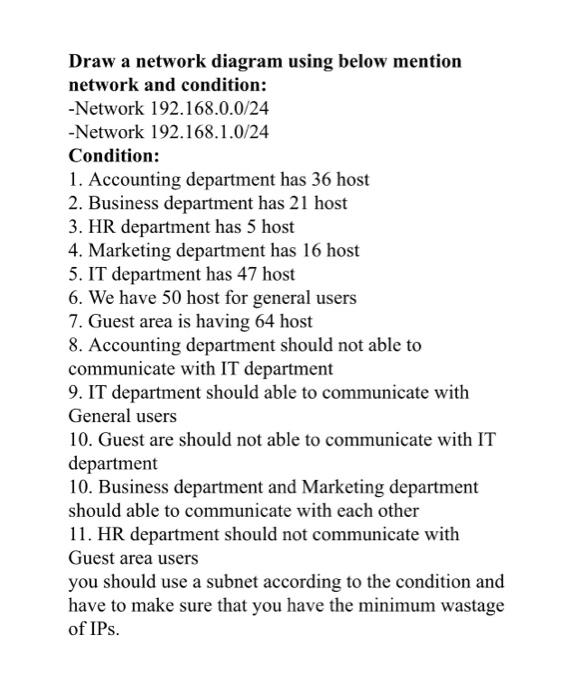 Draw A Network Diagram Using Below Mention Network And Condition Network 192 168 0 0 24 Network 192 168 1 0 24 Condit 1