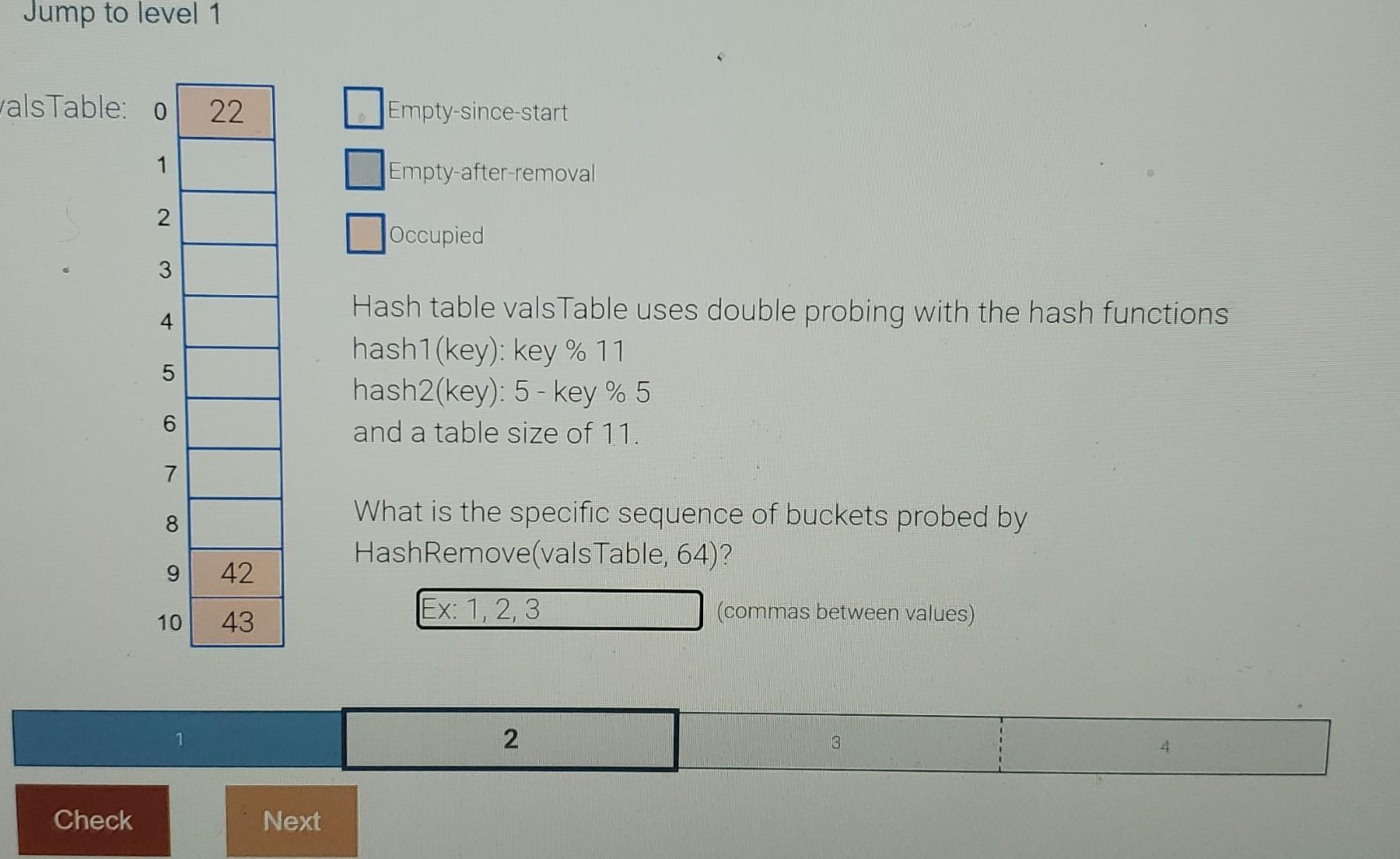 Jump To Level 1 Alstable O 1 2 3 Check 4 5 22 7 8 9 42 10 43 Next Empty Since Start Empty After Removal Occupied Hash T 1