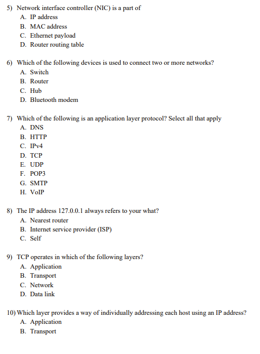 5 Network Interface Controller Nic Is A Part Of A Ip Address B Mac Address C Ethernet Payload D Router Routing Ta 1